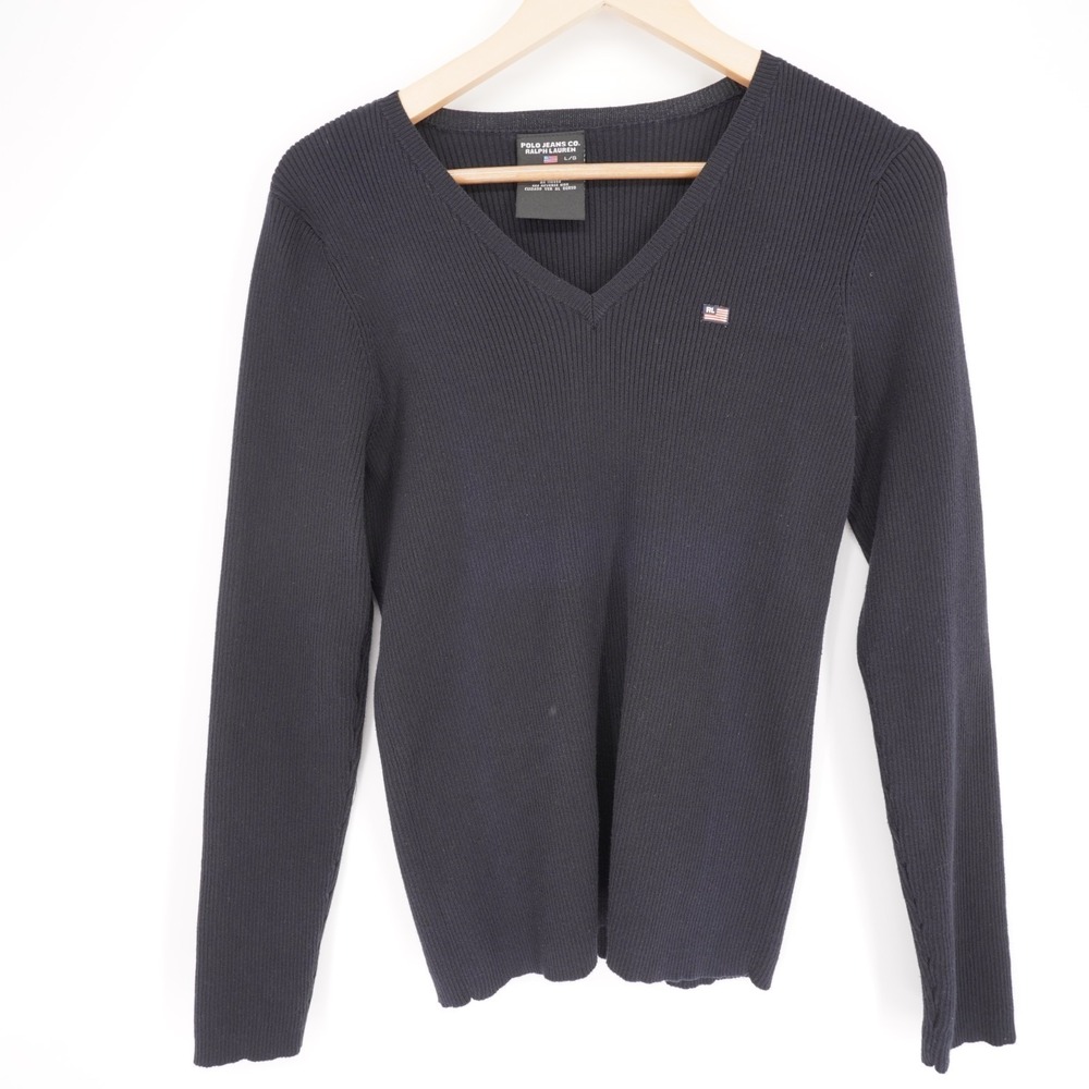 Vintage Polo Jeans Co Ralph Lauren Ribbed Knit Sweater Womens L Black Flag Logo
